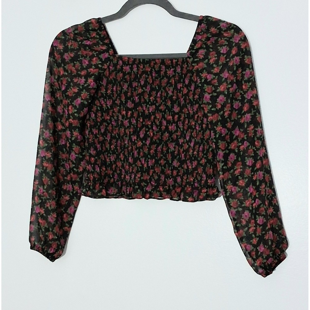 Art Class Top Girls Size 10/12 Black Red Floral Smocked Sheer Sleeve Chiffon